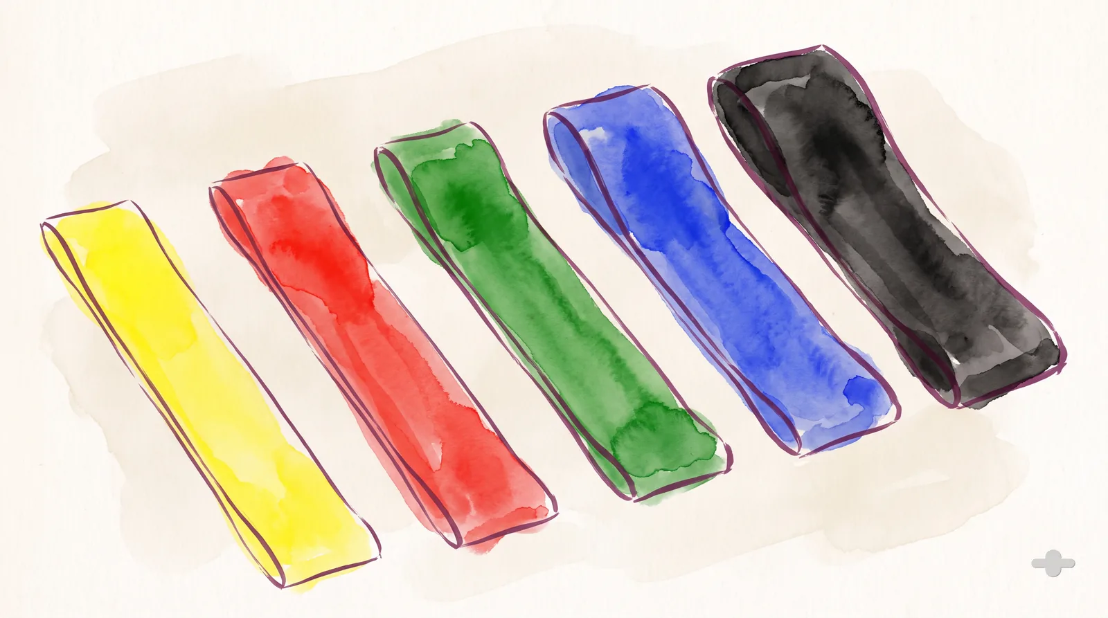 Ink-and-wash drawing of five flat therapy bands in ascending tension order: yellow, red, green, blue, black