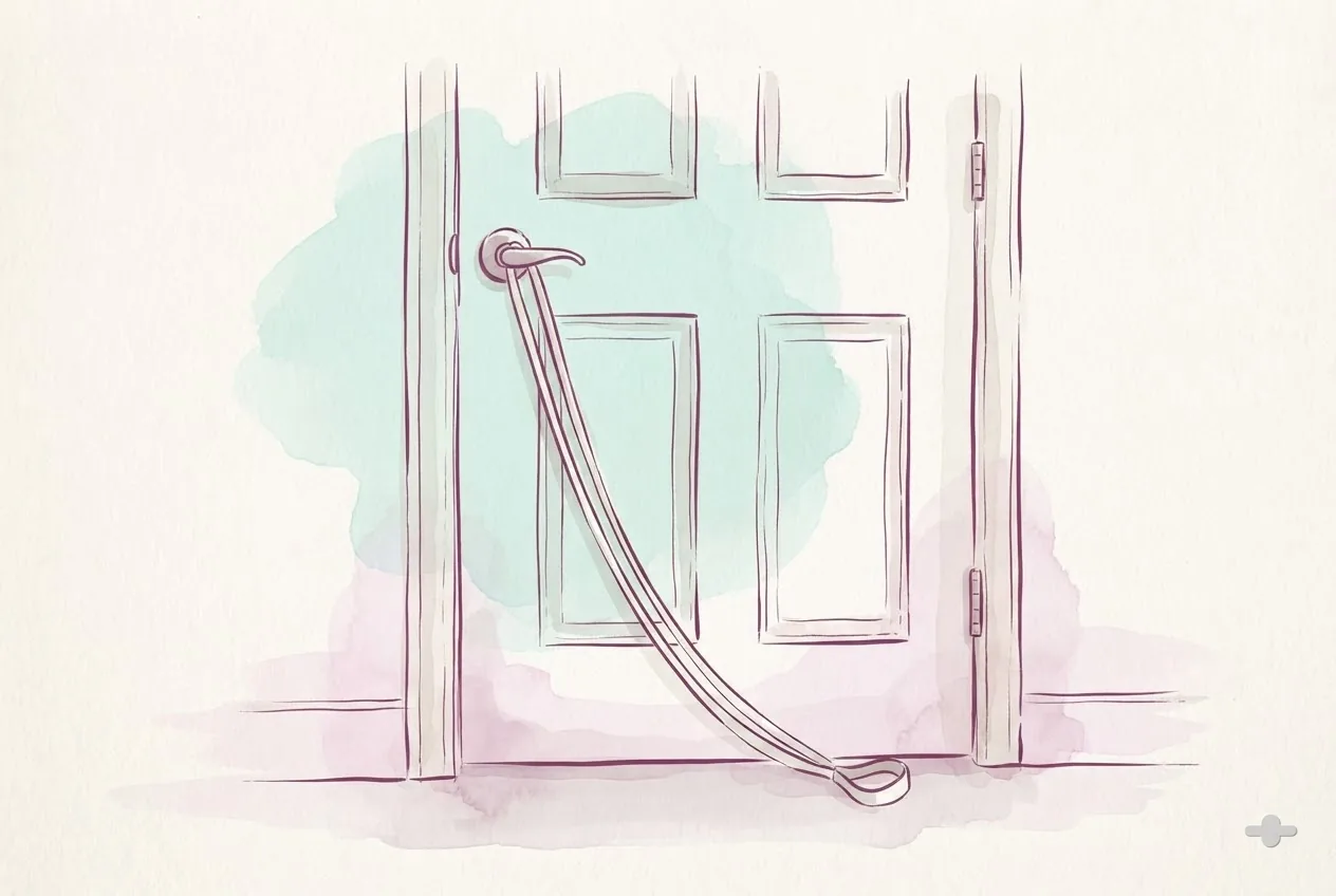 Ink-and-wash drawing of a resistance band anchored to a door handle