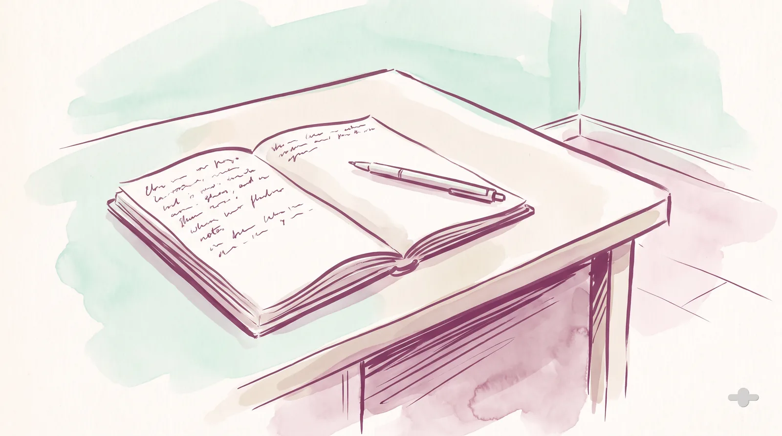 Ink-and-wash drawing of a half-filled note page with a pen across it