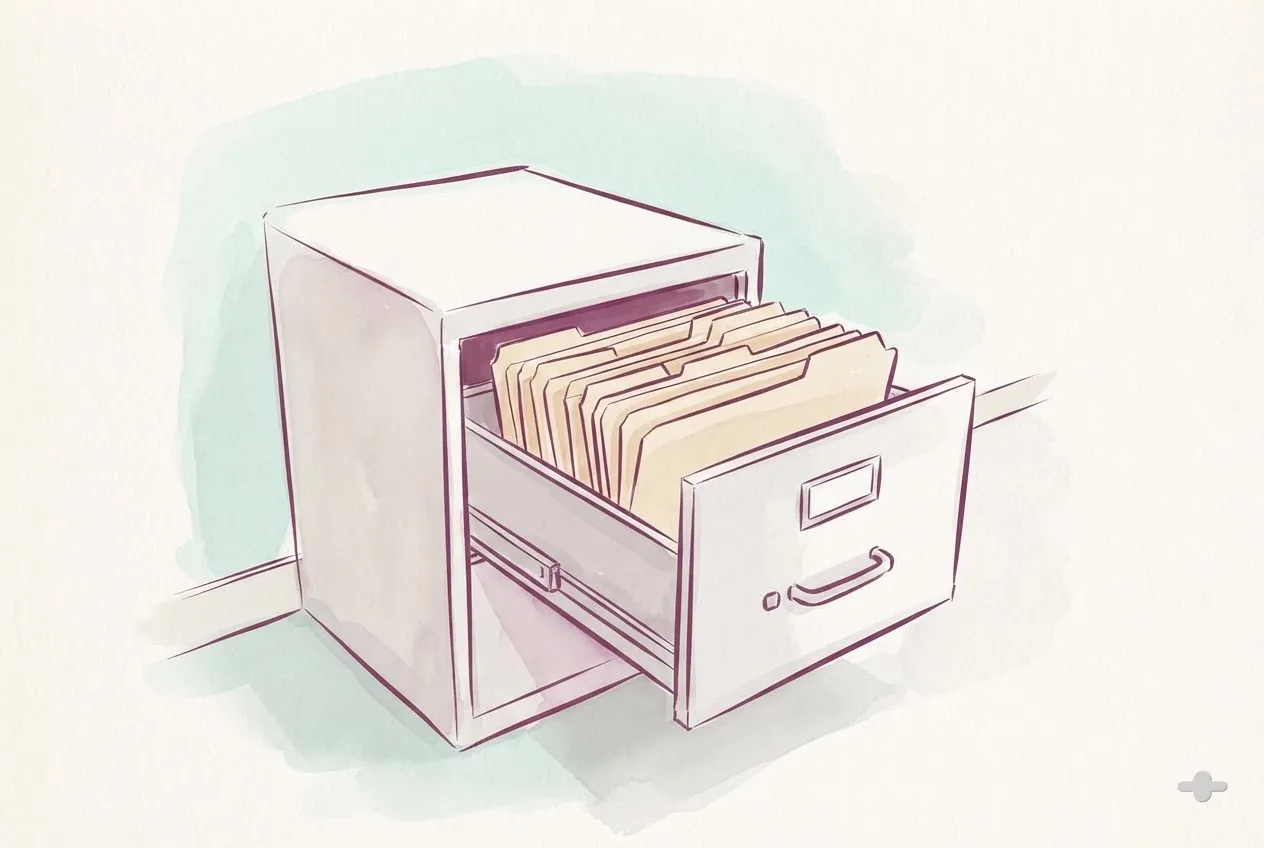 Ink-and-wash drawing of a half-open filing drawer with tabbed folders