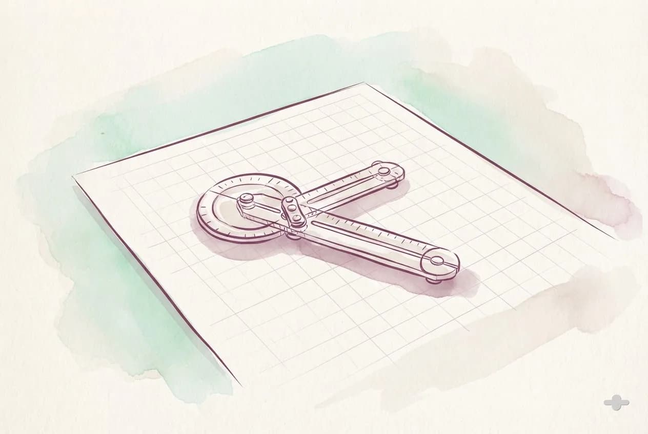 Ink-and-wash drawing of a finger goniometer on squared paper