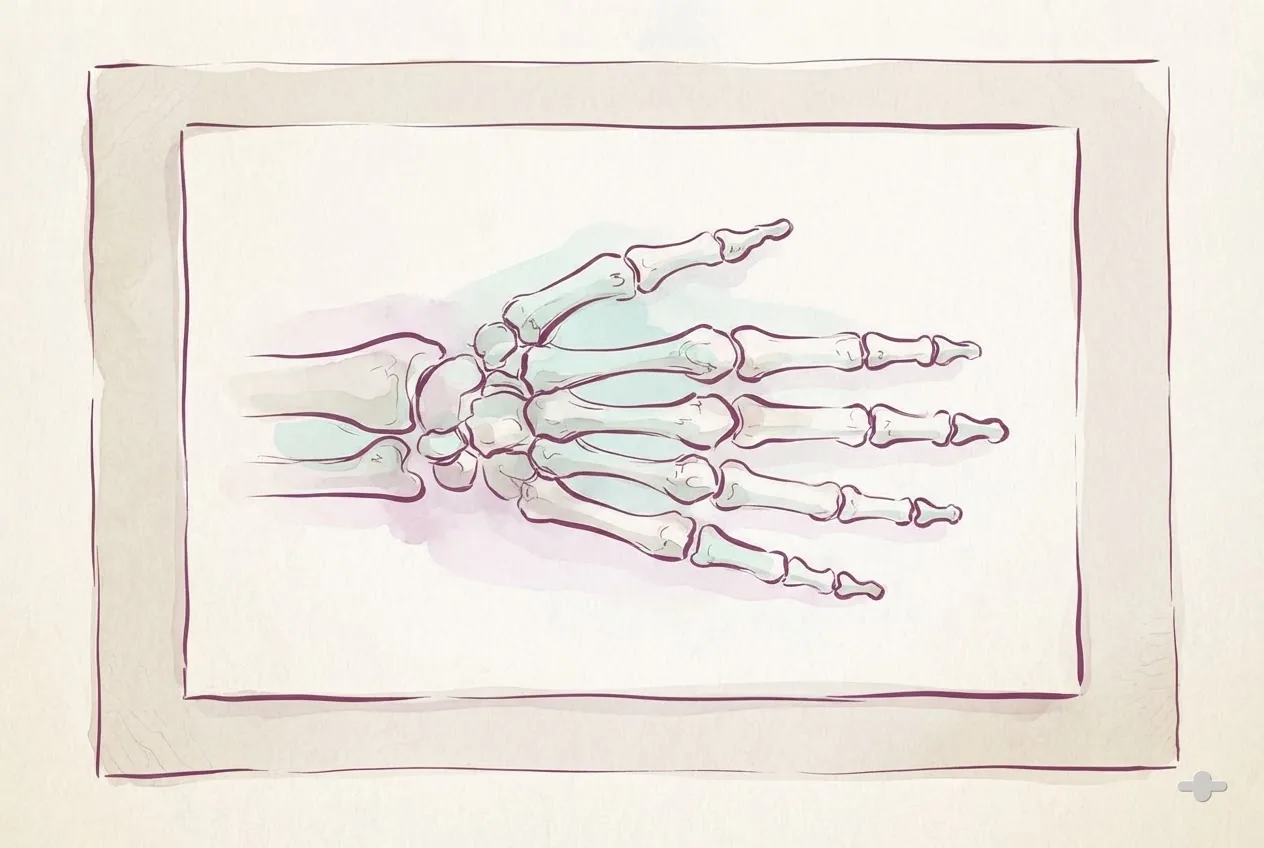 Ink-and-wash drawing of a hand skeleton model laid flat