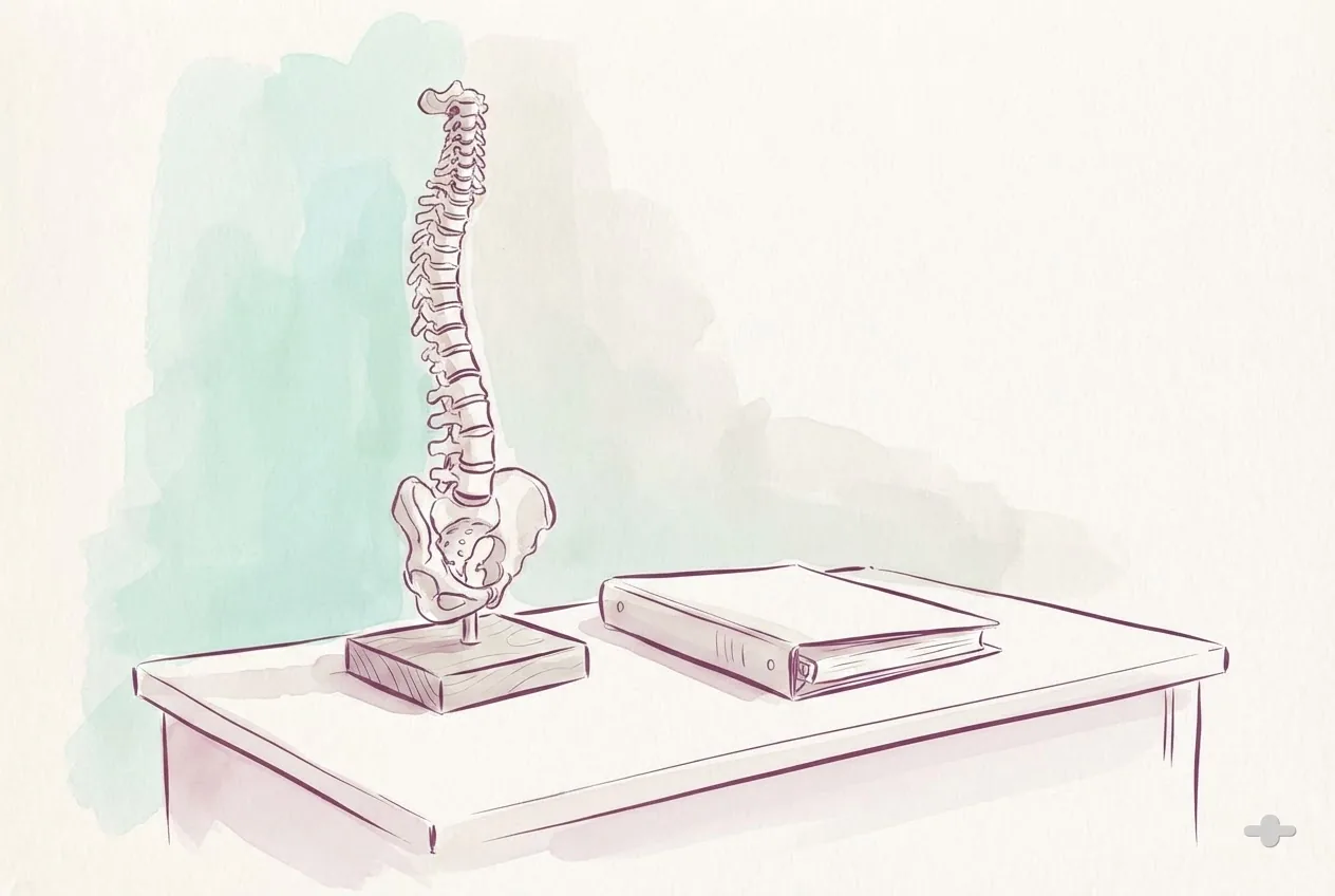 Ink-and-wash drawing of a spine model beside a reference binder