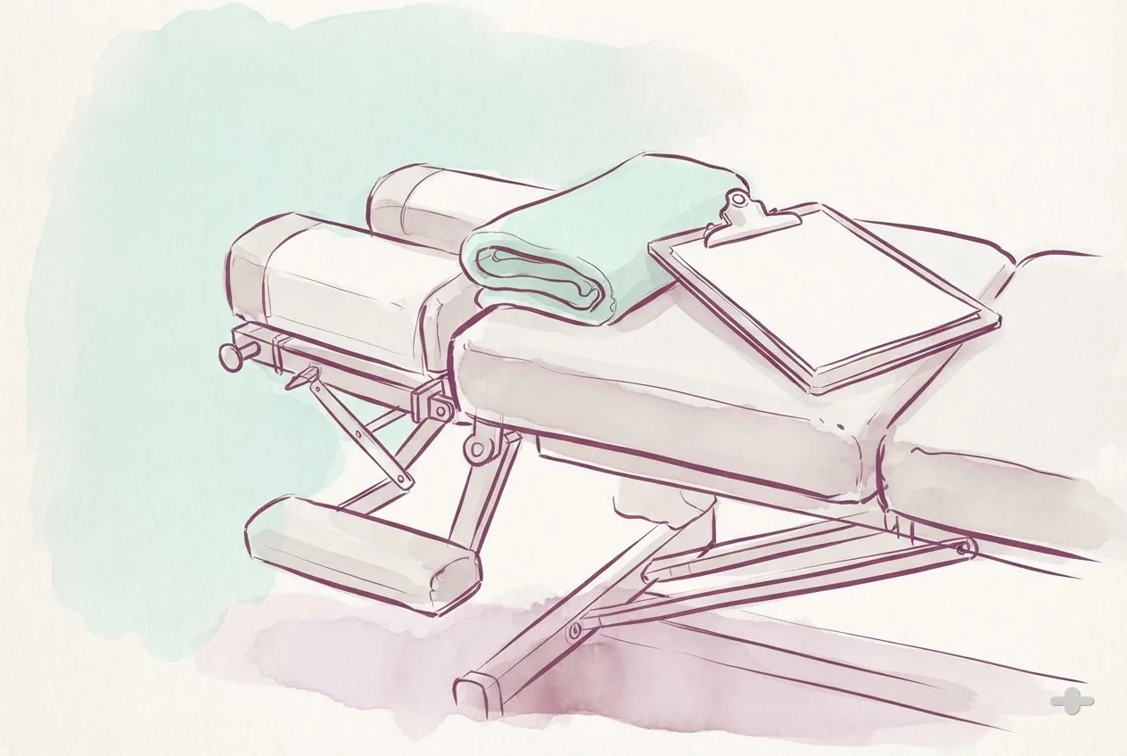 Ink-and-wash drawing of a chiropractic drop table with a clipboard
