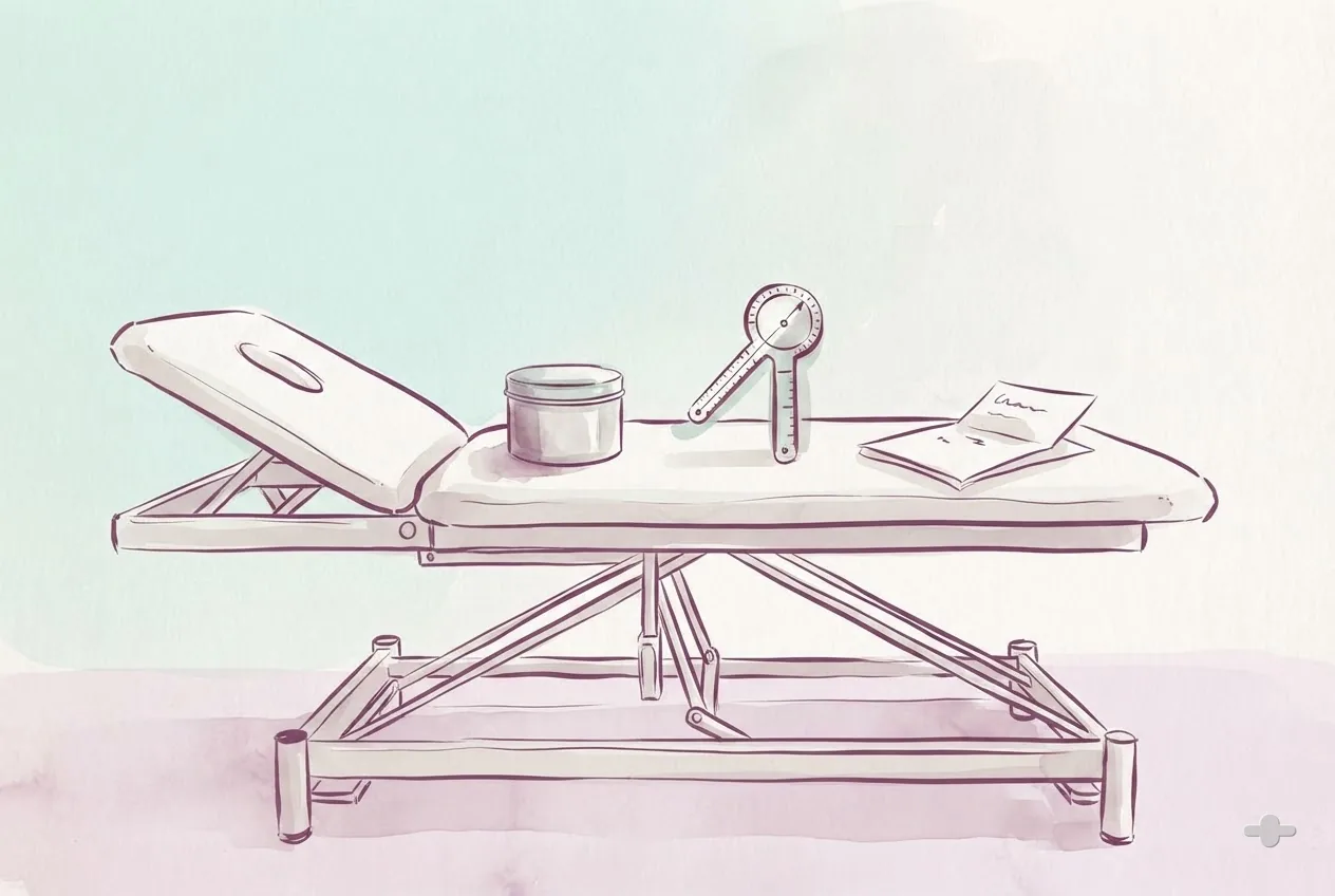 Ink-and-wash drawing of a hand therapy table with putty and a grip trainer