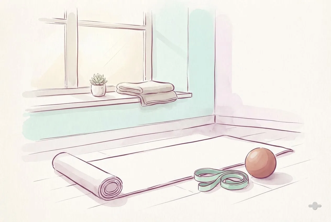 Ink-and-wash drawing of an exercise mat by a window with a band and a ball