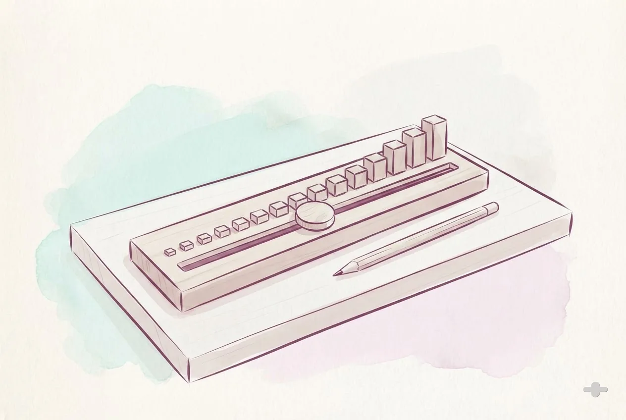 Ink-and-wash drawing of a wooden rating slider with graduated tick blocks and a sliding marker