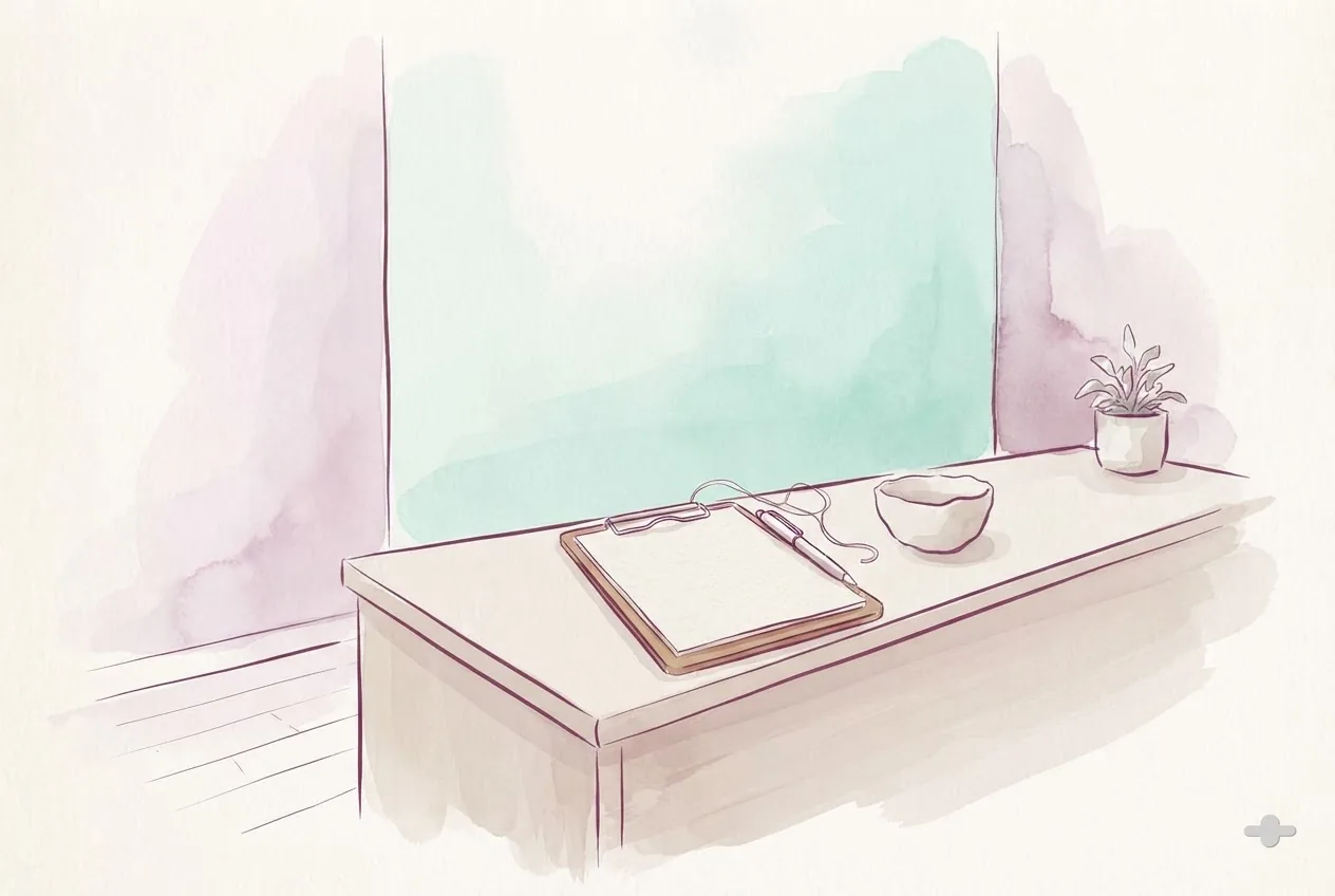 Ink-and-wash drawing of a reception clipboard with a pen on a string