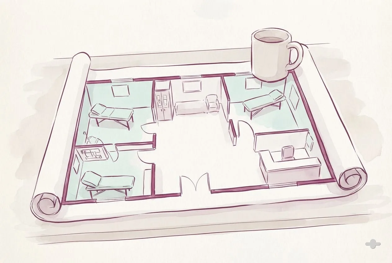 Ink-and-wash drawing of a clinic floor sketch rolled open on a desk