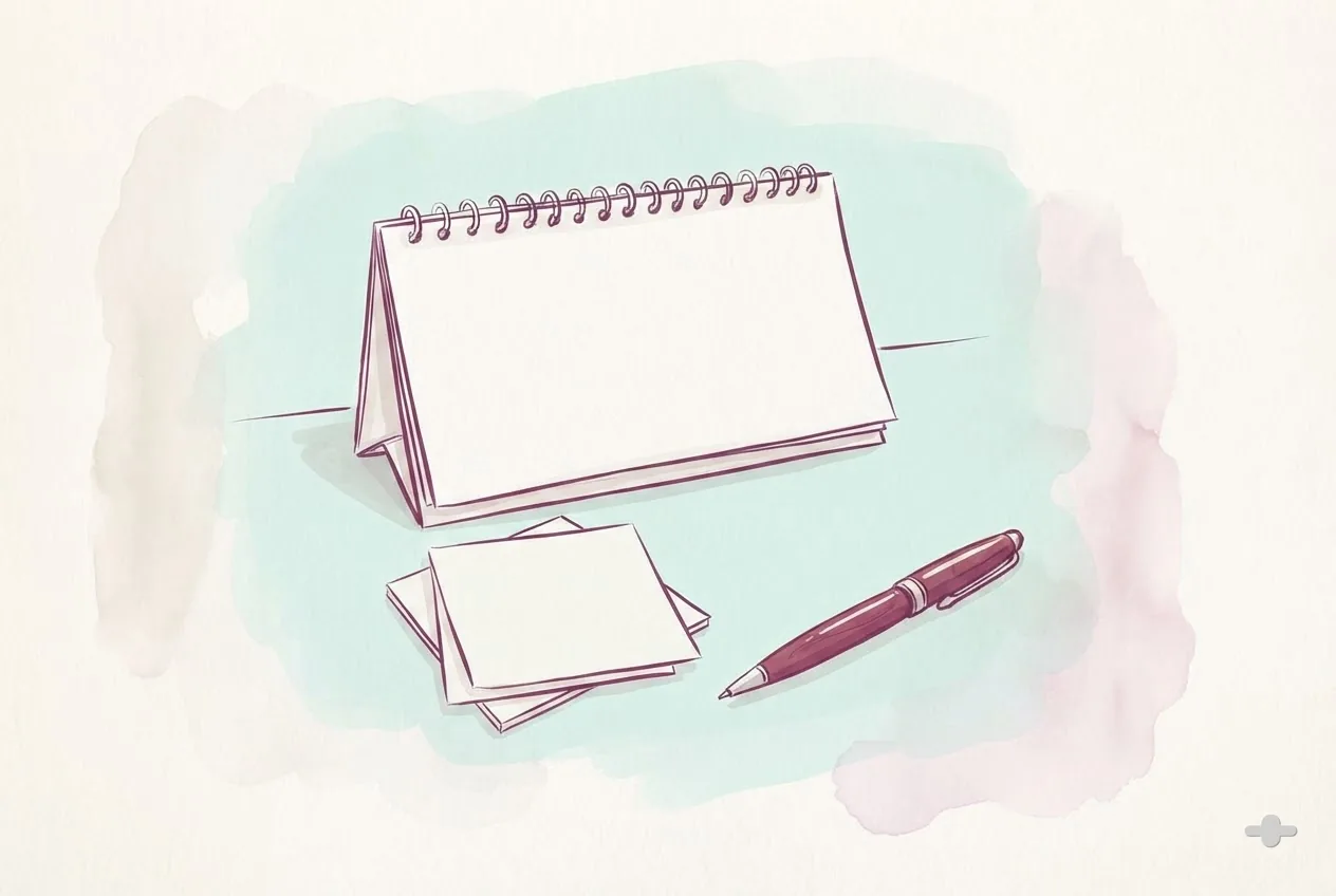 Ink-and-wash drawing of a desk calendar and a folded schedule