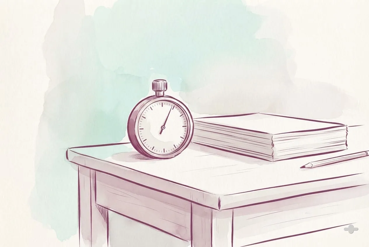 Ink-and-wash drawing of an analogue interval timer beside a stack of treatment logs