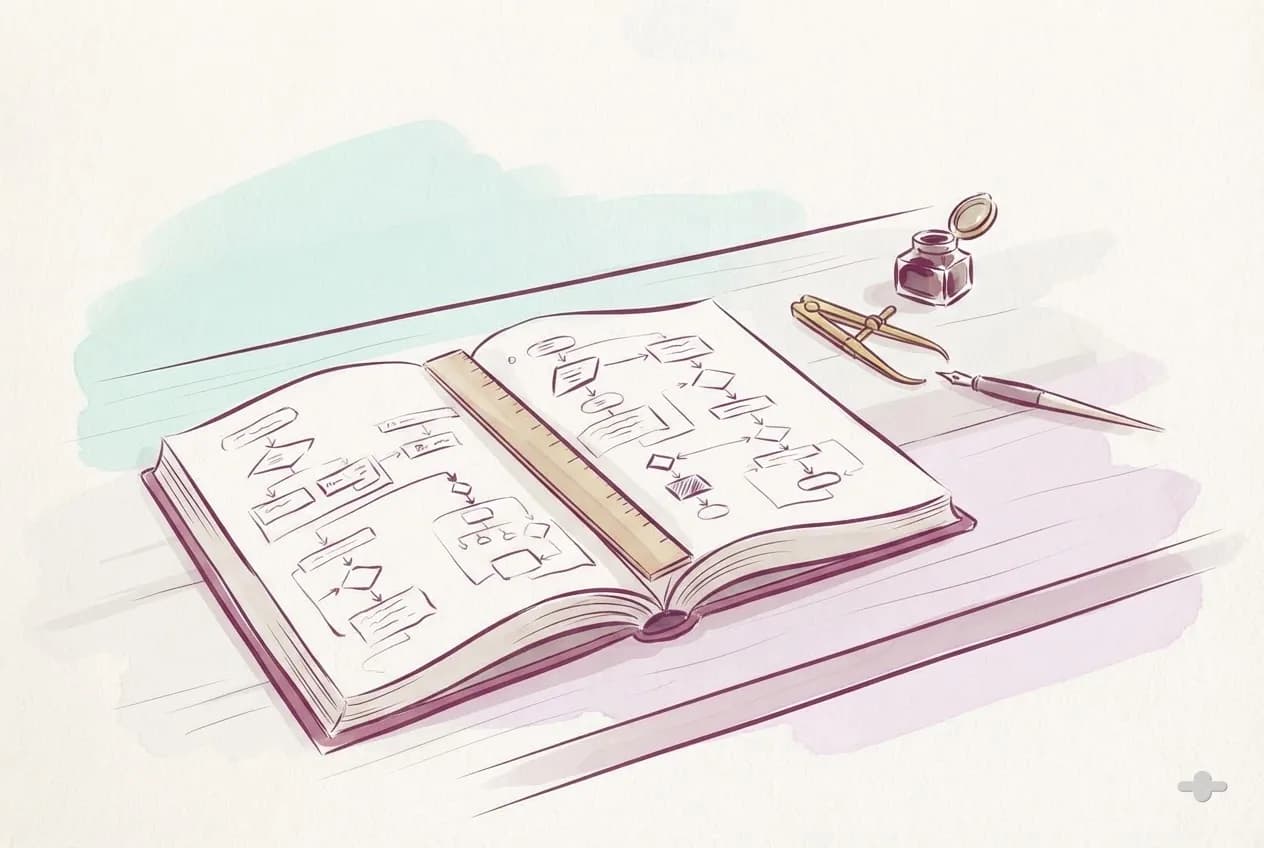 Ink-and-wash drawing of an open code manual with a ruler across the page