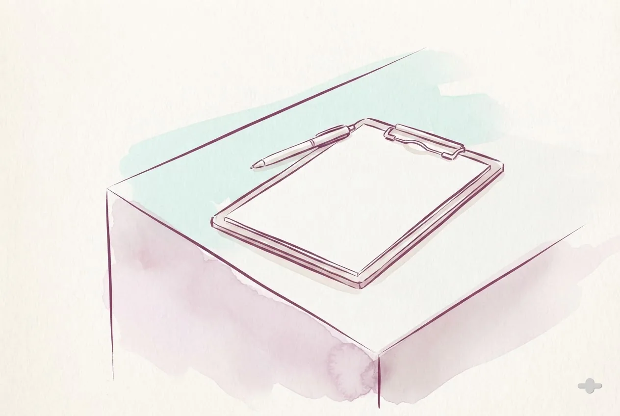 Ink-and-wash drawing of a clipboard with a blank note form