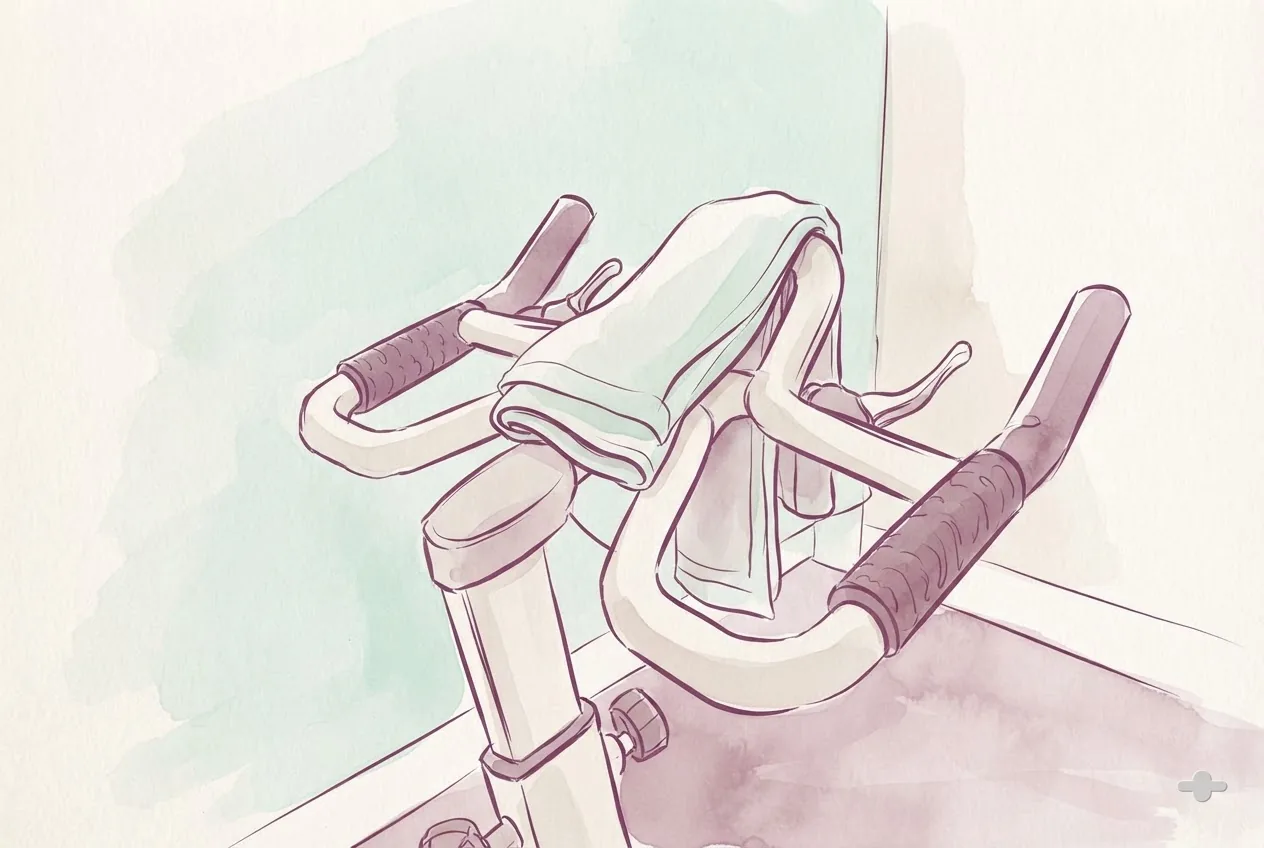 Ink-and-wash drawing of a stationary bike handlebar with a towel