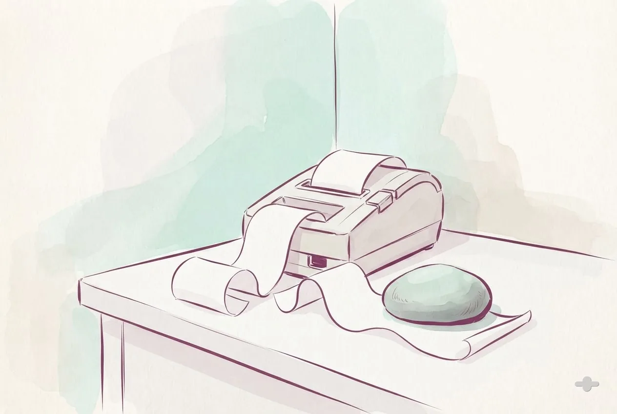 Ink-and-wash drawing of a receipt curling from a desk printer
