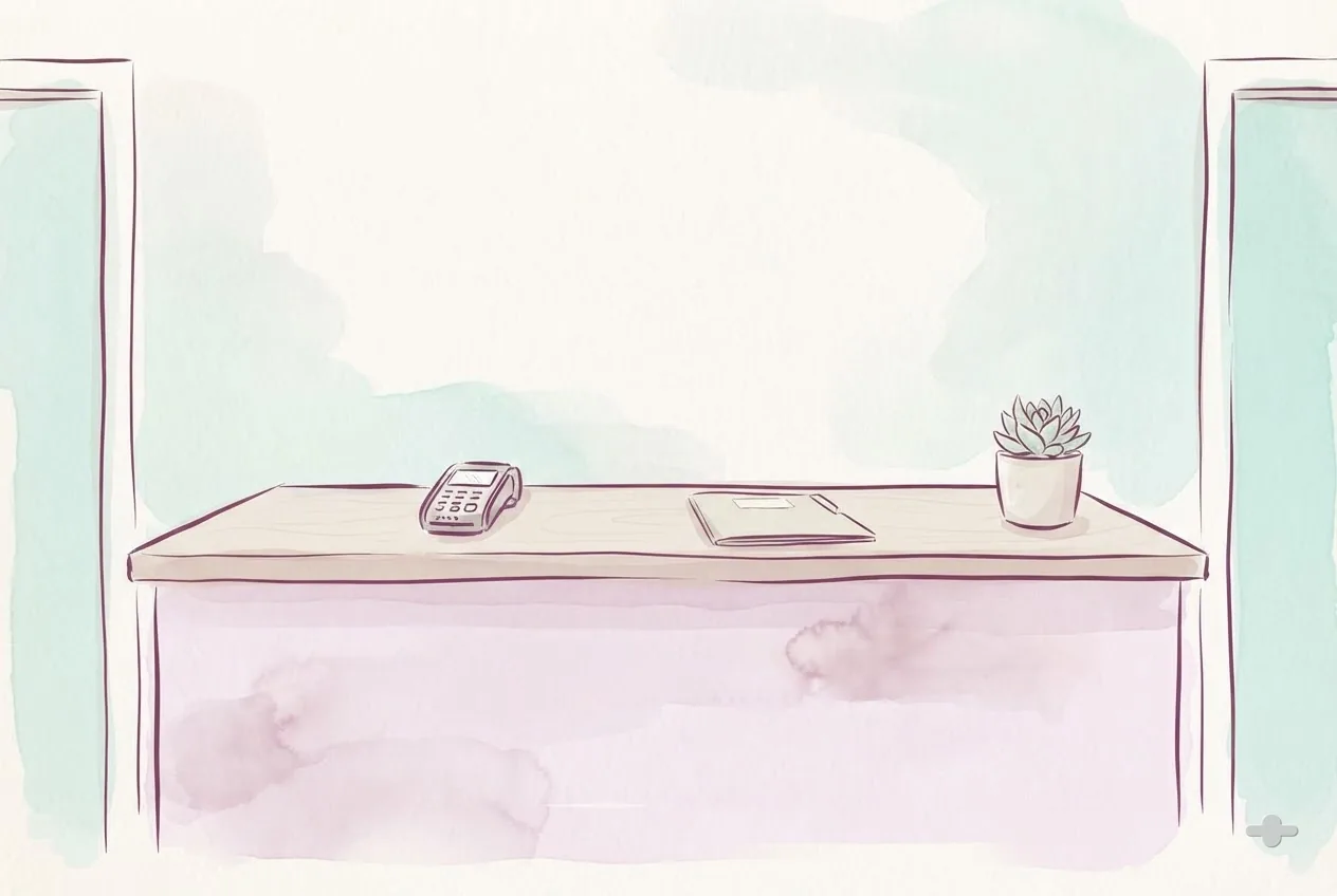 Ink-and-wash drawing of a clinic front desk with a card reader and a plant